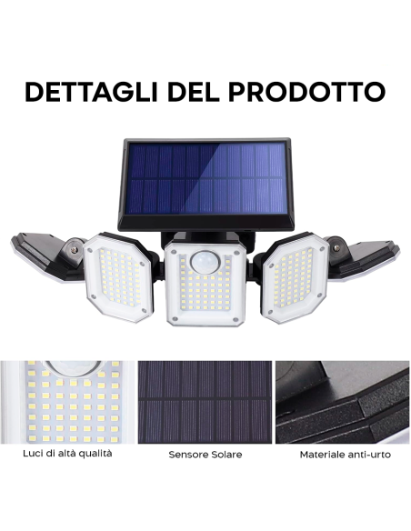 Lampada Ricarica Solare Esterno a Parete IP65 5 Pannelli 300 LED e Telecomando