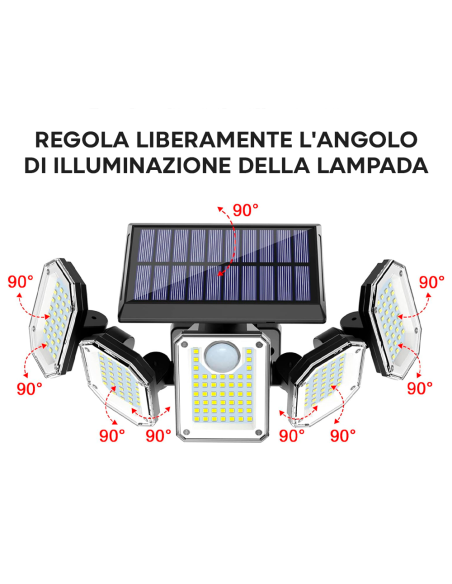 Lampada Ricarica Solare Esterno a Parete IP65 5 Pannelli 300 LED e Telecomando