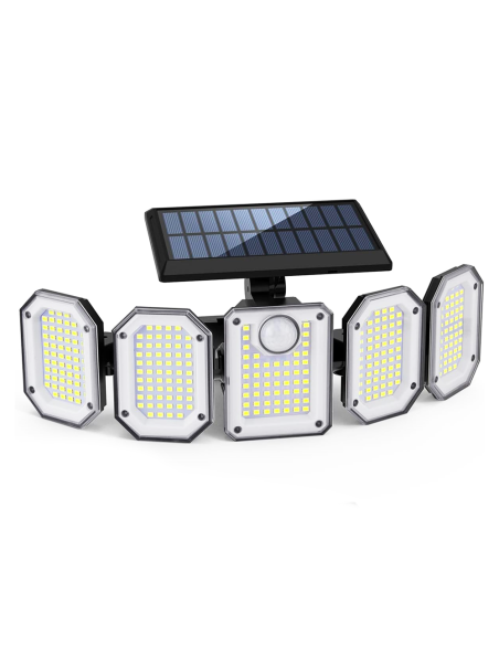 Lampada Ricarica Solare Esterno a Parete IP65 5 Pannelli 300 LED e Telecomando