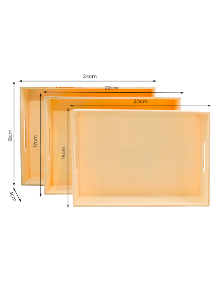 Set 3 Vassoi Legno Naturale con Manico per Decoupage Varie Misure da Dipingere