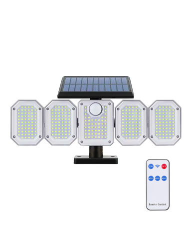 Lampada Ricarica Solare Esterno a Parete IP65 5 Pannelli 300 LED e Telecomando