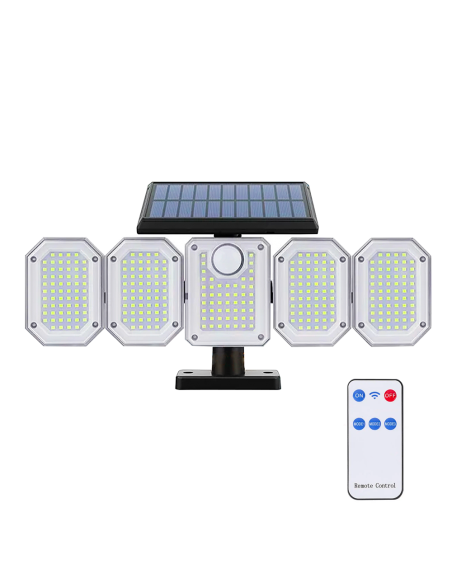 Lampada Ricarica Solare Esterno a Parete IP65 5 Pannelli 300 LED e Telecomando
