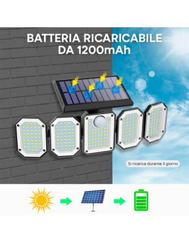 Lampada Ricarica Solare Esterno a Parete IP65 5...