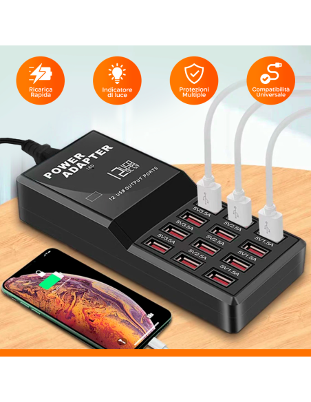 Stazione di Ricarica Simultanea 5V 12A Ingresso 12 Porte USB Carica Rapida 60W