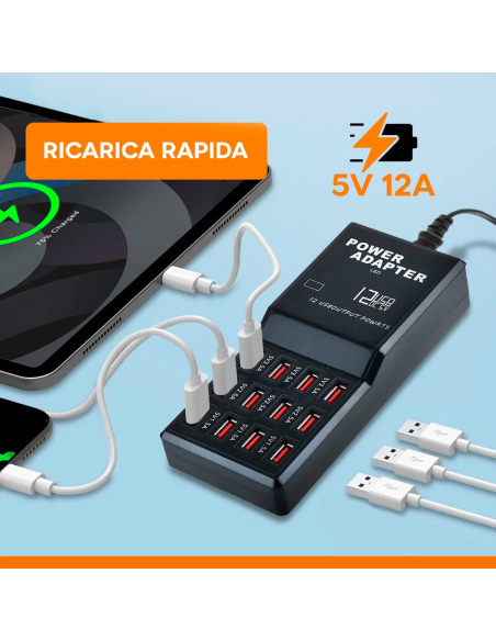 Stazione di Ricarica Simultanea 5V 12A Ingresso 12 Porte USB Carica Rapida 60W