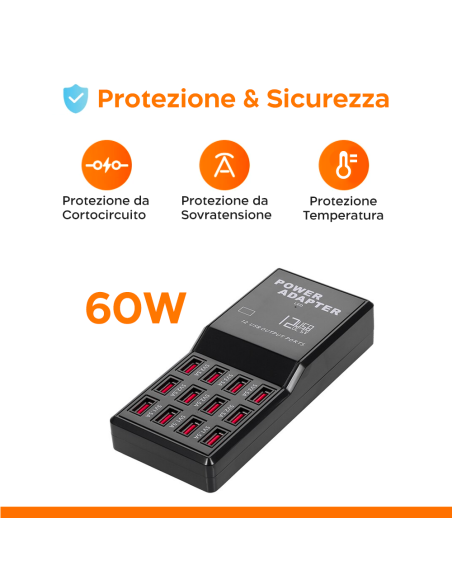 Stazione di Ricarica Simultanea 5V 12A Ingresso 12 Porte USB Carica Rapida 60W