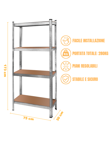 Scaffale in Metallo 4 Ripiani Portata 280Kg...