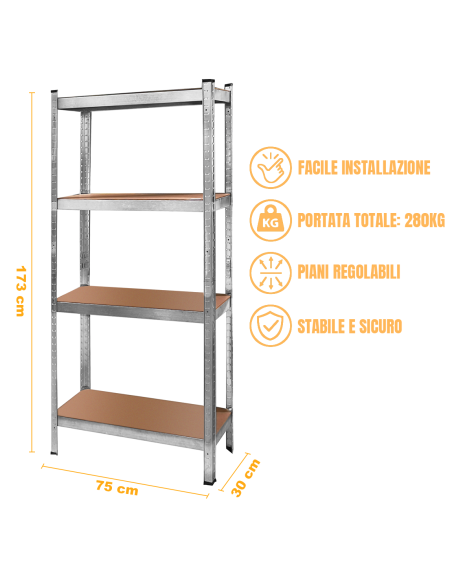 Scaffale in Metallo 4 Ripiani Portata 280Kg H173x75x30cm con Ripiani Regolabili