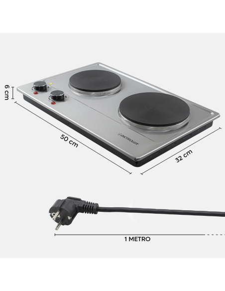 Fornello Elettrico Dictrolux Acciaio Doppia Piastra 2500W Termostato Regolabile
