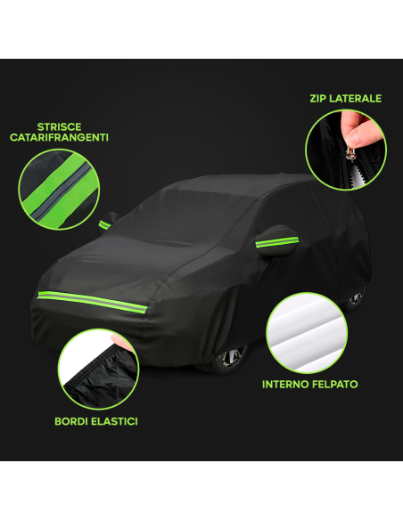 Telo Copriauto Felpato Catarifrangente Impermeabile Antigraffio Chiusura con Zip