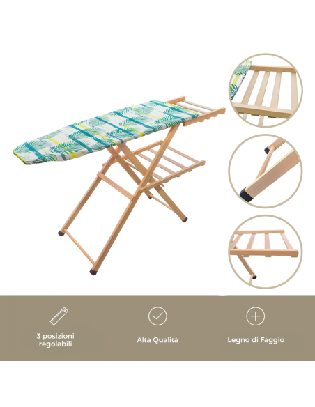 Asse da Stiro in Legno MARA Richiudibile con Supporto per Caldaia 141X82X45cm