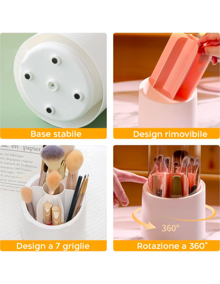 Porta Pennelli Make Up Organizer Trucchi con Coperchio Rotante 360° 7 Scomparti