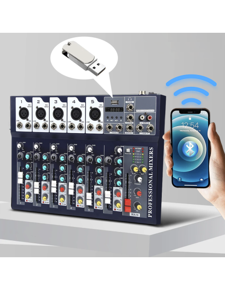 Mixer Audio 7 Canali Professionale Bluetooth Console Alimentazione Phantom 48V