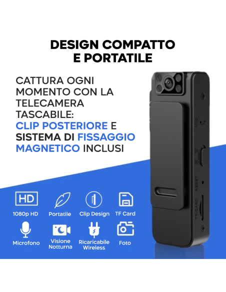 Mini Videocamera Portatile Wireless 1080HD Visione Notturna con Clip e Magnete