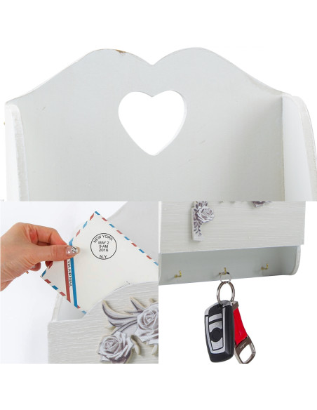 Portalettere in Legno da Parete 2 Posti Portachiavi Decorazione Shabby 29x6x18cm