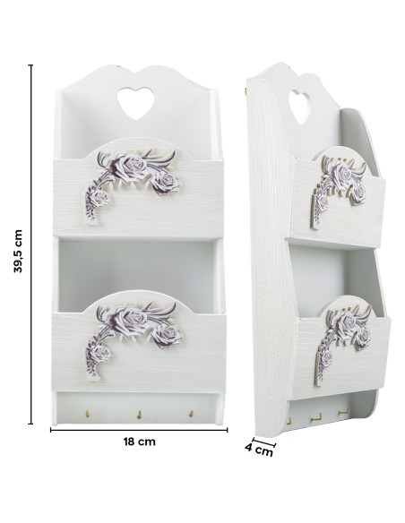 Portalettere in Legno da Parete 2 Posti Portachiavi Decorazione Shabby 29x6x18cm