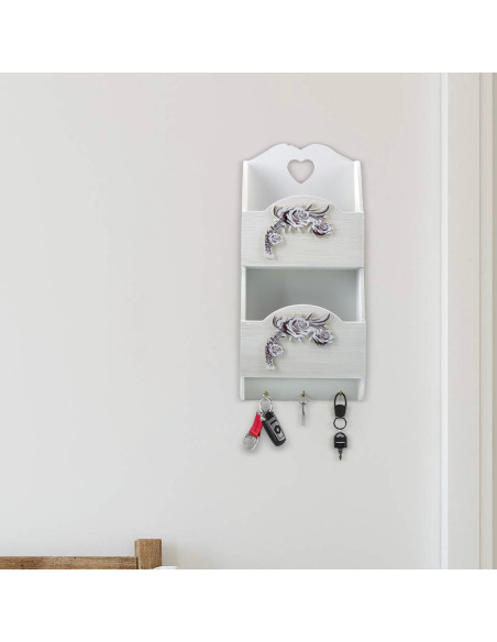 Portalettere in Legno da Parete 2 Posti Portachiavi Decorazione Shabby 29x6x18cm