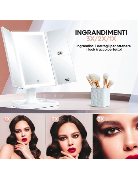 Specchio Cosmetico LED Make UP Ricaricabile Zoom 3x Design Touch con 3 Modalità