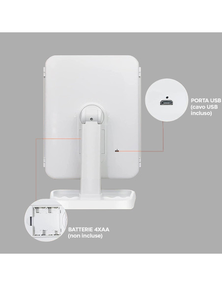 Specchio Cosmetico LED Make UP Ricaricabile Zoom 3x Design Touch con 3 Modalità