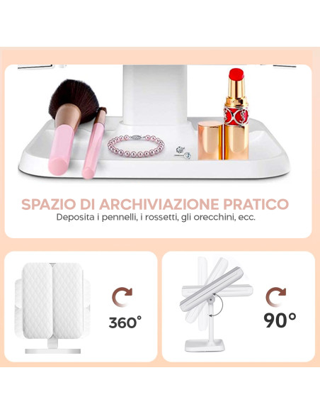 Specchio Cosmetico LED Make UP Ricaricabile Zoom 3x Design Touch con 3 Modalità