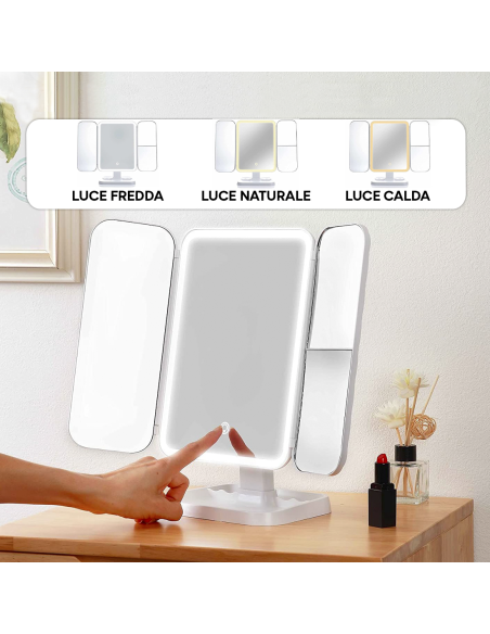 Specchio Cosmetico LED Make UP Ricaricabile Zoom 3x Design Touch con 3 Modalità