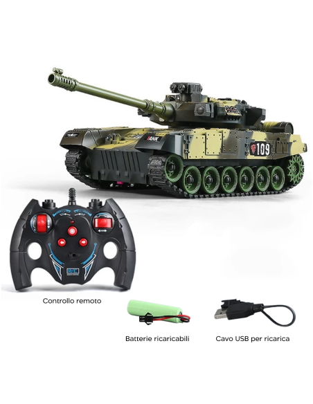 Carro Armato Telecomandato Giocattolo per Bambini Scala 1:30 Effetti Sonori Luci