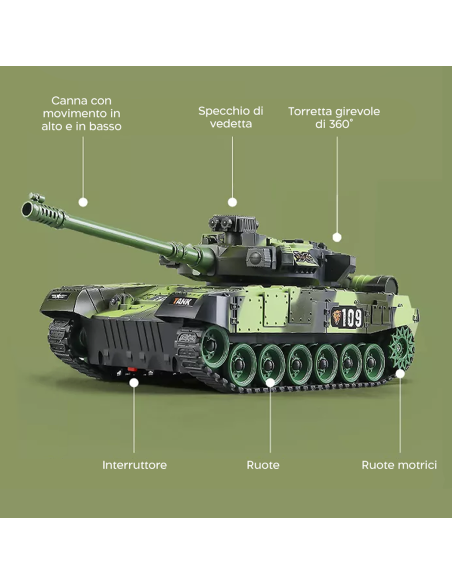 Carro Armato Telecomandato Giocattolo per Bambini Scala 1:30 Effetti Sonori Luci