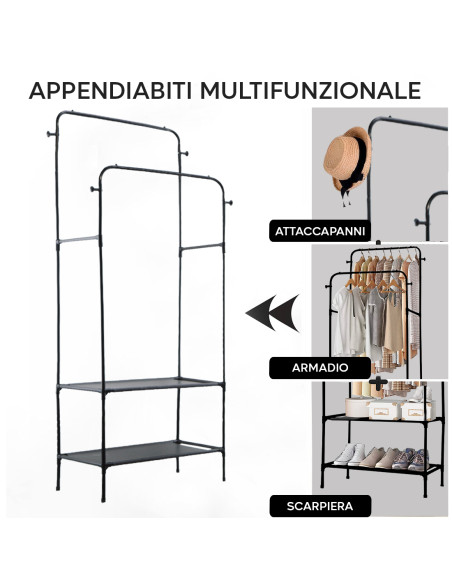 Scaffale Multifunzione Scarpiera Appendiabiti e Attaccapanni Stand in Metallo