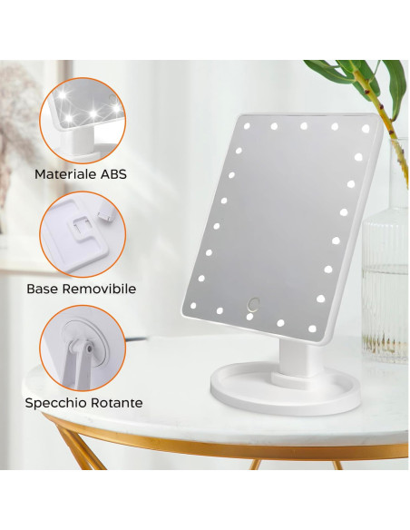 Specchio Cosmetico LED Ricaricabile Portatile da Tavolo Girevole e Inclinabile