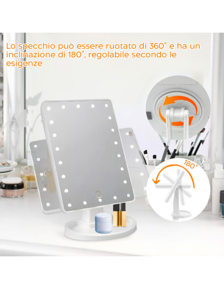 Specchio Cosmetico LED Ricaricabile Portatile da Tavolo Girevole e Inclinabile