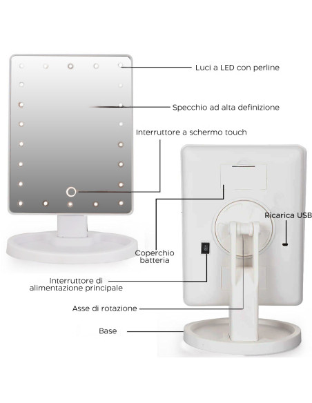 Specchio Cosmetico LED Ricaricabile Portatile da Tavolo Girevole e Inclinabile
