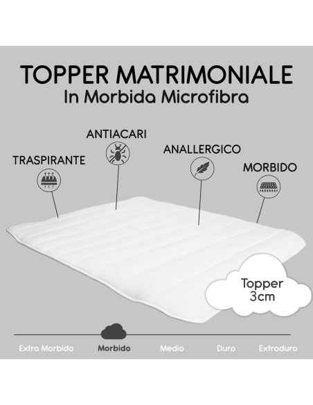 Topper Coprimaterasso Letto Matrimoniale 3cm 165x200 in Microfibra con Elastici