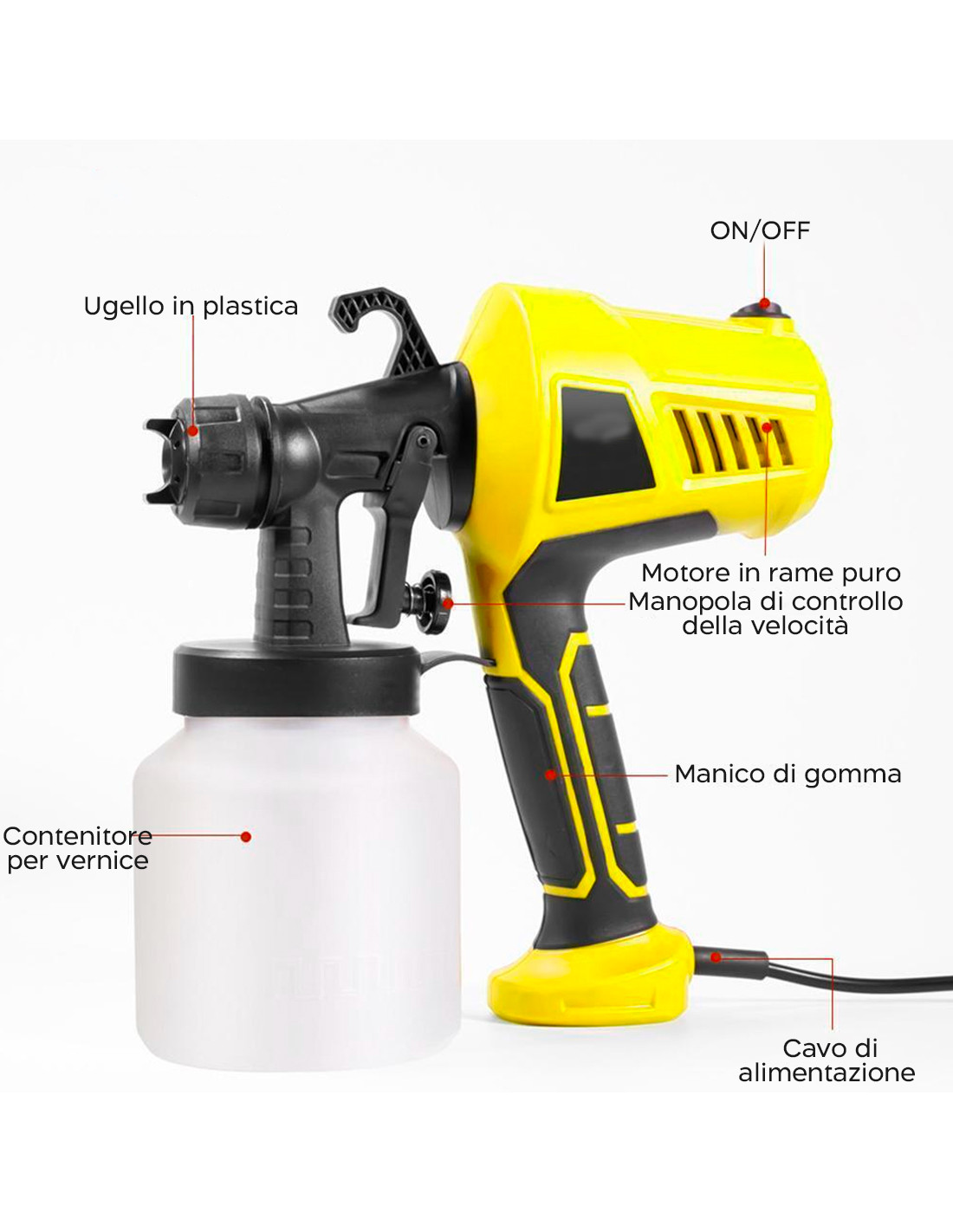 Pistola a Spruzzo 500W Elettrico Spruzzatore Vernice Aerografo Capacità  800ml