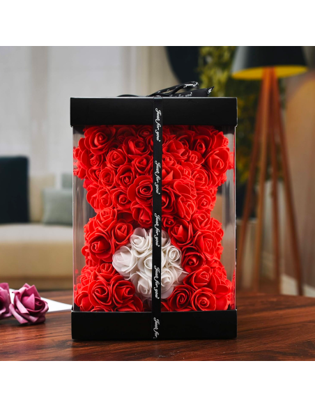 Orso di Rose Artificiali H25cm Orsetto con Confezione Trasparente Idea Regalo