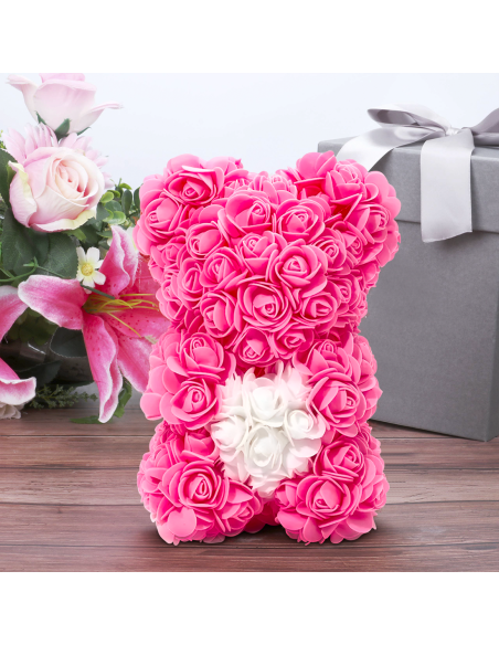 Orso di Rose Artificiali H25cm Orsetto con Confezione Trasparente Idea Regalo