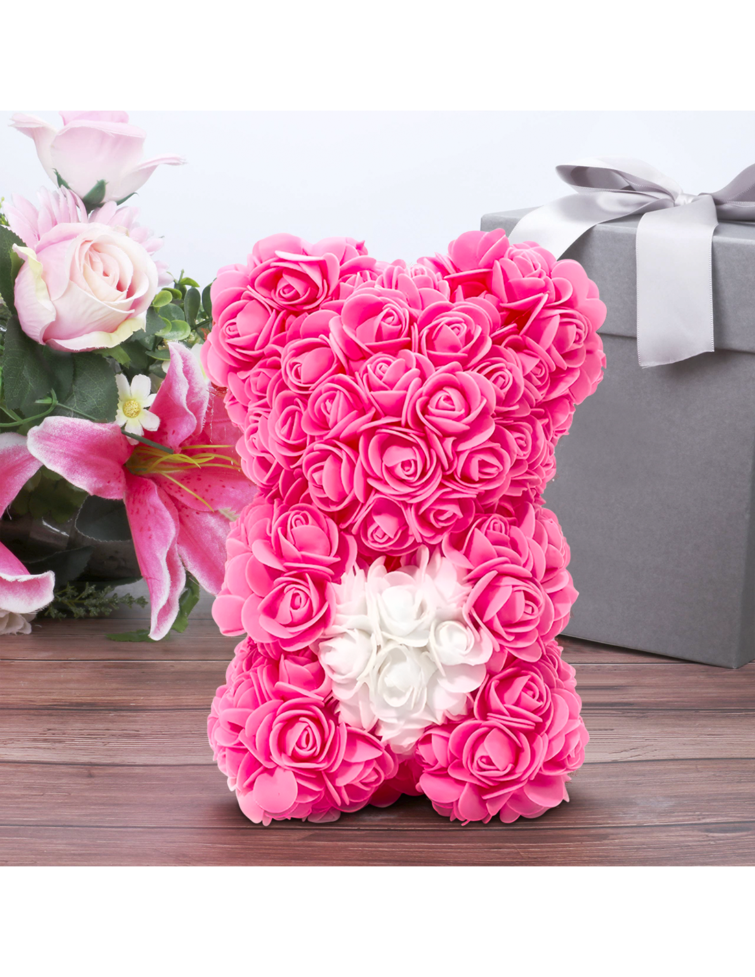 Orso di Rose Artificiali H25cm Orsetto con Confezione Trasparente Idea  Regalo