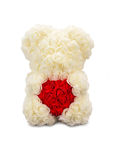 Image of Orso di Rose Artificiali H25cm Orsetto con Confezione Trasparente Idea Regalo Bianco