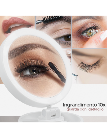 Specchio Cosmetico Retroilluminato a LED Double Face Zoom 1X e 10X Ricaricabile