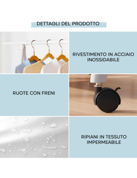 Stand Appendiabiti Mensole Portaoggetti Scarpiera 2 Ripiani e Ruote di Supporto