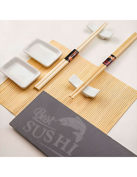 Set Sushi 2 Persone Kit 10pz Stuoia Bamboo Piatto Ardesia Bacchette e Ciotoline