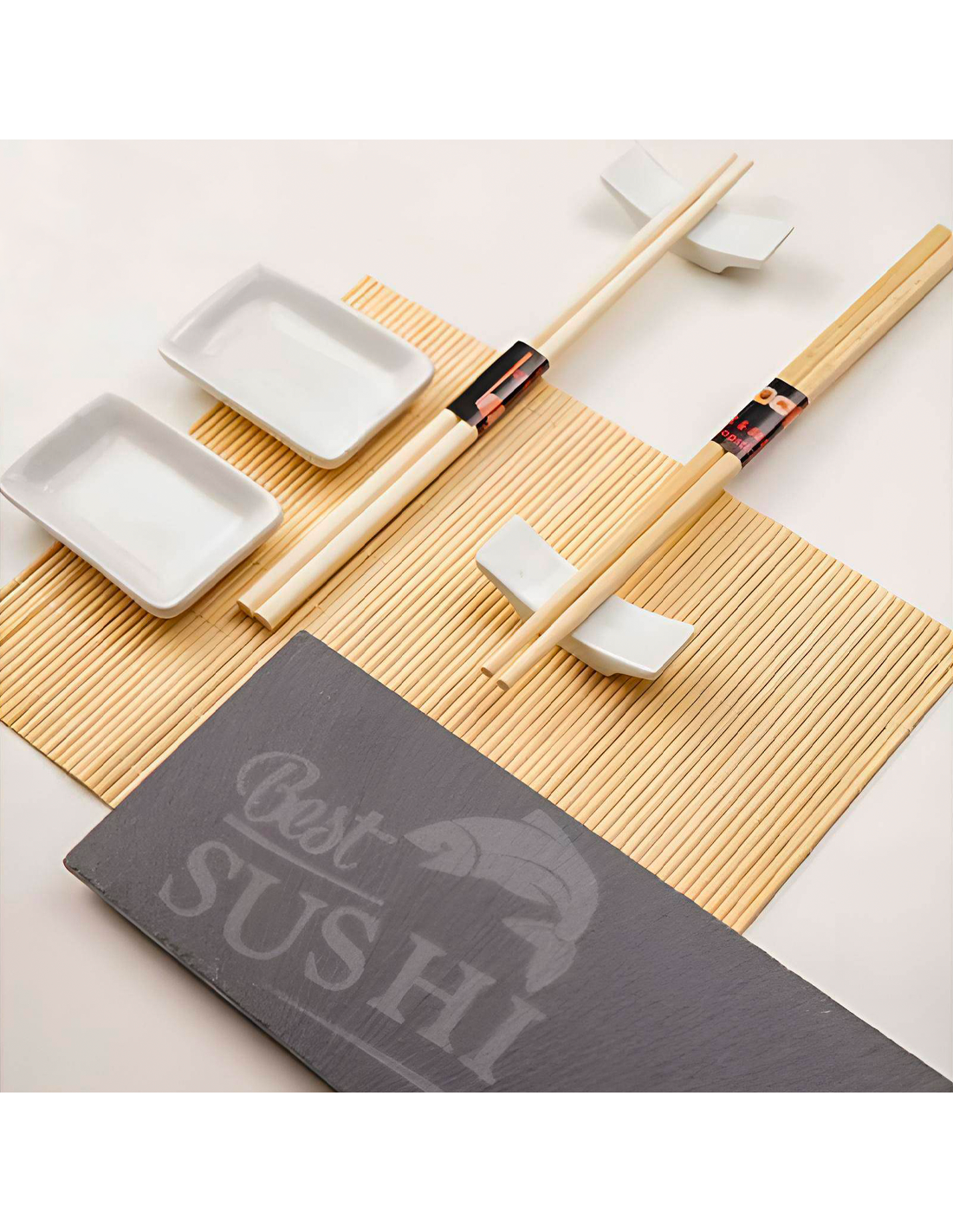 Set Sushi 2 Persone Kit 10pz Stuoia Bamboo Piatto Ardesia Bacchette e  Ciotoline