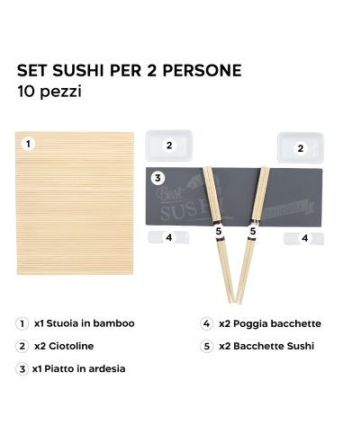 Set Sushi 2 Persone Kit 10pz Stuoia Bamboo...