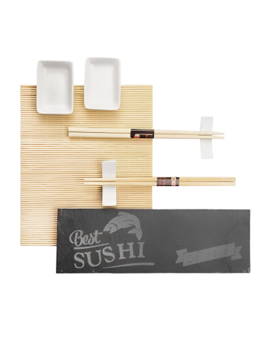 Set Sushi 2 Persone Kit 10pz Stuoia Bamboo Piatto Ardesia Bacchette e Ciotoline