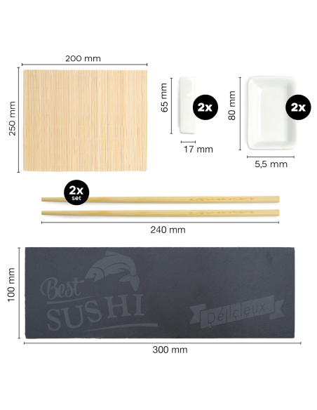 Set Sushi 2 Persone Kit 10pz Stuoia Bamboo Piatto Ardesia Bacchette e Ciotoline