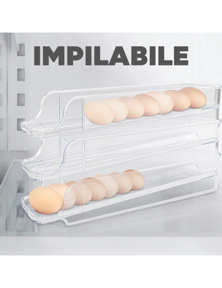 Portauova per Frigo Impilabili Set 3pz Dispenser Uova in Plastica Trasparente