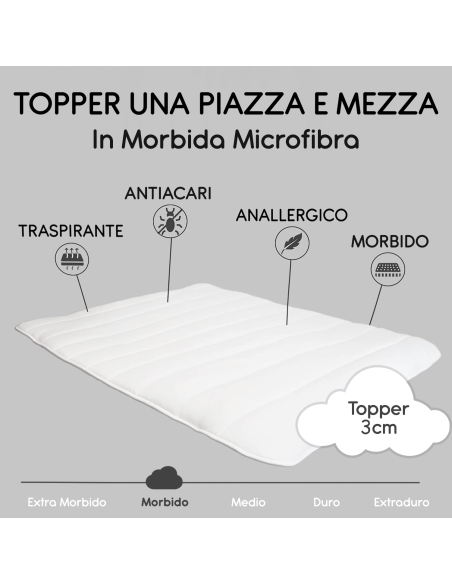 Topper Coprimaterasso Letto 1 Piazza e Mezza 3cm 130x200 Microfibra con Elastici
