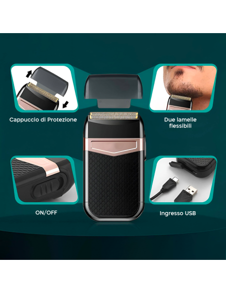 Rasoio Uomo Ricaricabile USB Portatile Impermeabile Doppia Testina di Ricambio