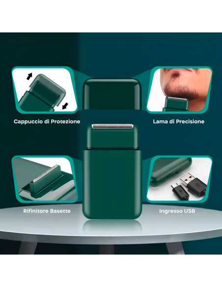 Rasoio Barba e Basette da Uomo Ricaricabile USB e Portatile Testina di Ricambio