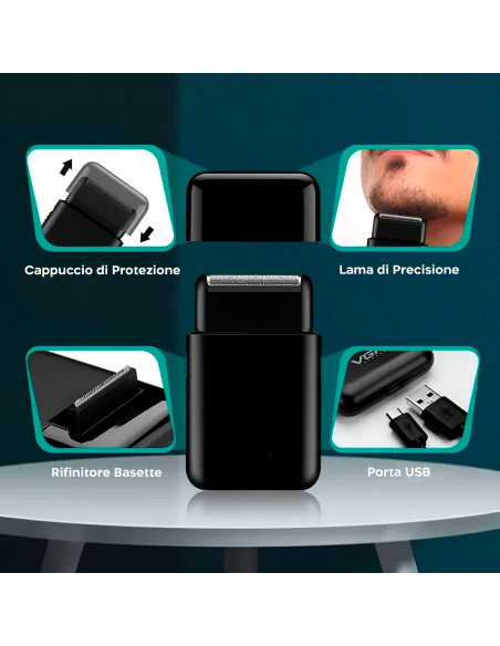 Rasoio Barba e Basette da Uomo Ricaricabile USB e Portatile Testina di Ricambio