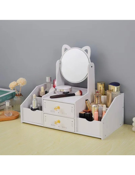 Toeletta da Tavolo Porta Trucco Gioielli Organizer Bianco con Specchio Cassetti